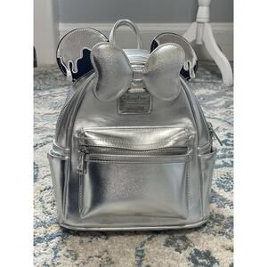 Disney Parks 100 Years Loungefly Minnie Mouse Mini Backpack Platinum Silver Drip